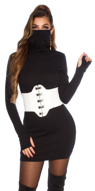 Trendy fitting jurk met face mask zwart